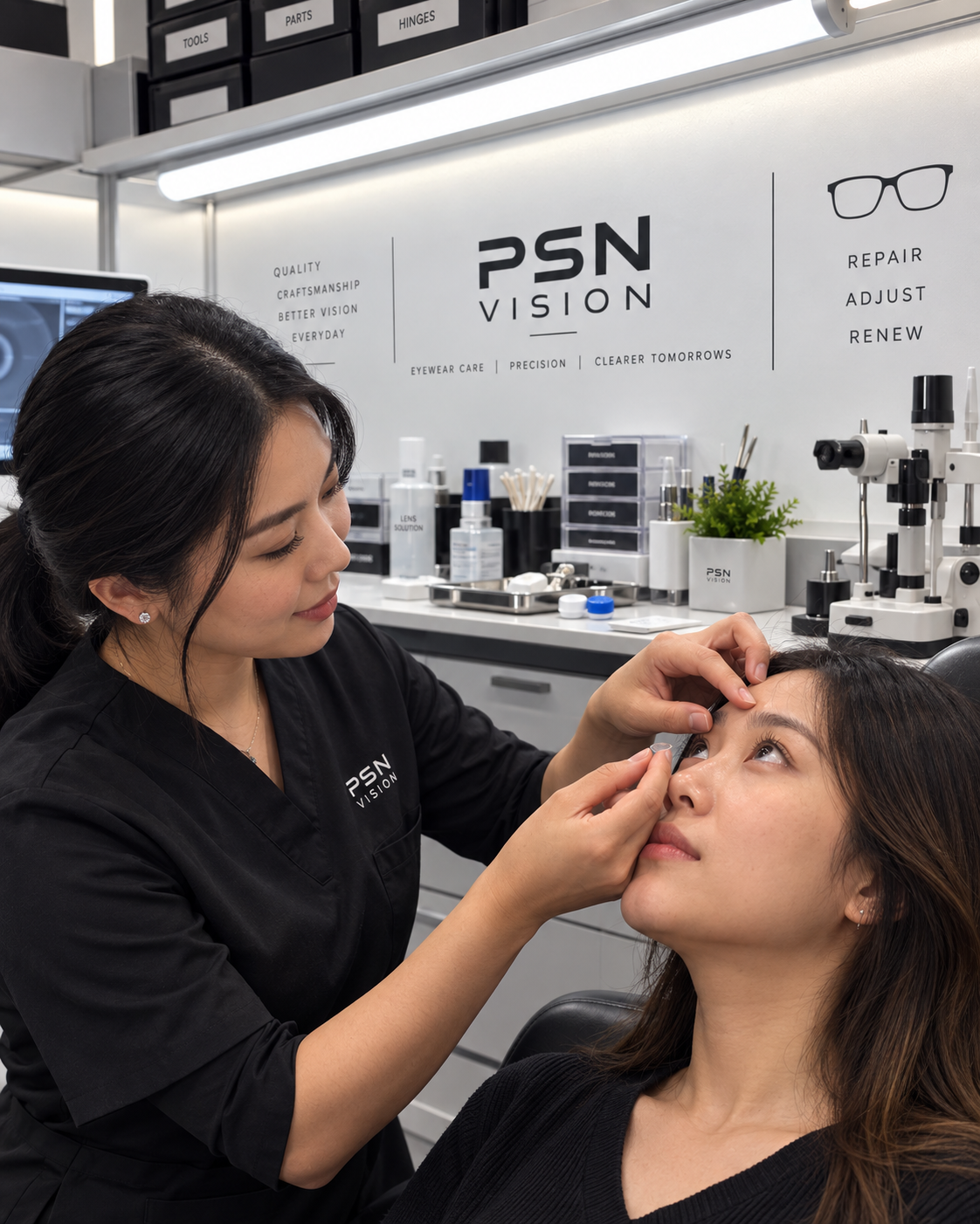 Sara Loshab providing professional contact lens fitting and insertion training at PSN Vision optical clinic.