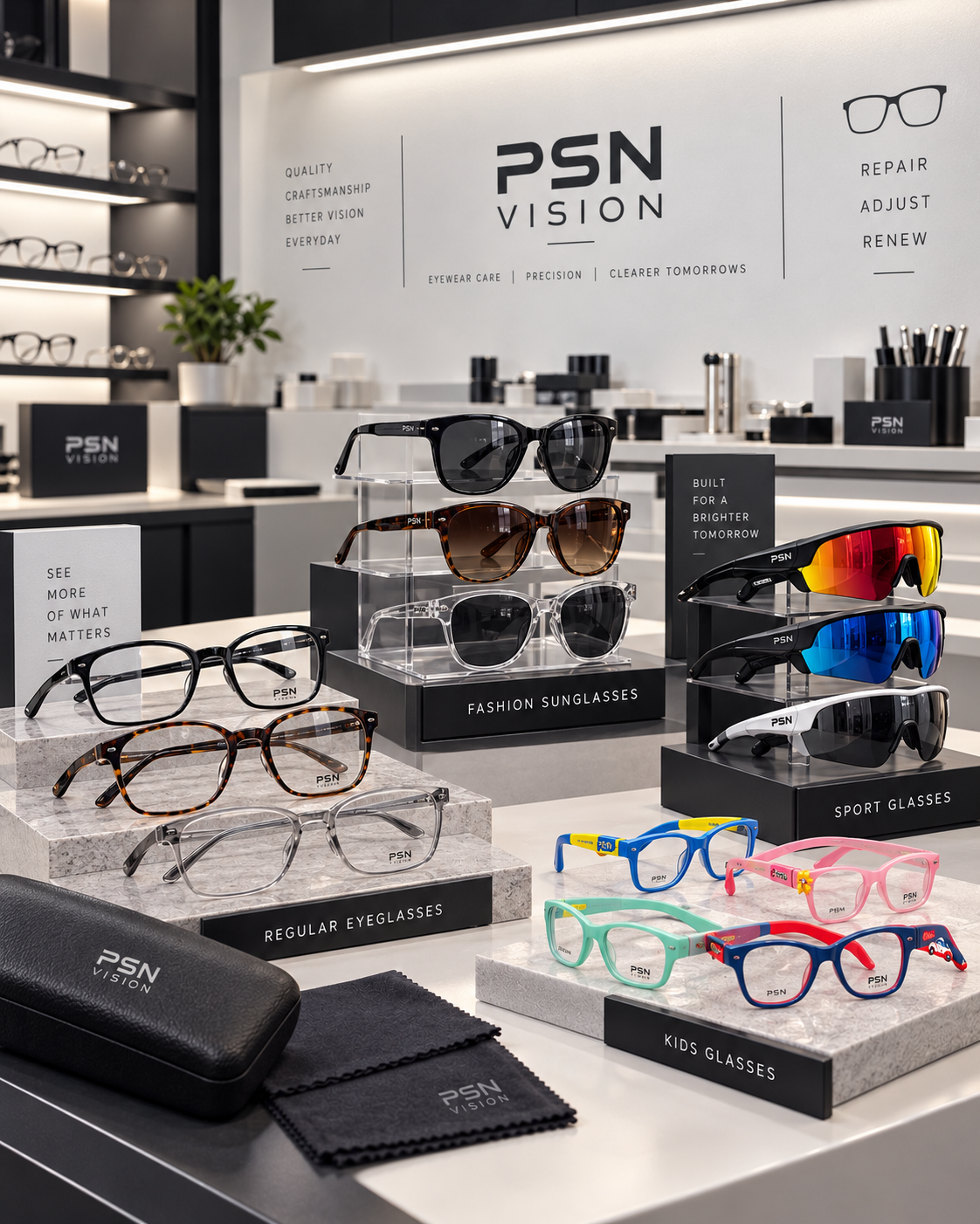 Display of eyeglasses, sunglasses, sport glasses, and kids glasses at PSN Vision optical clinic a family eyewear.
