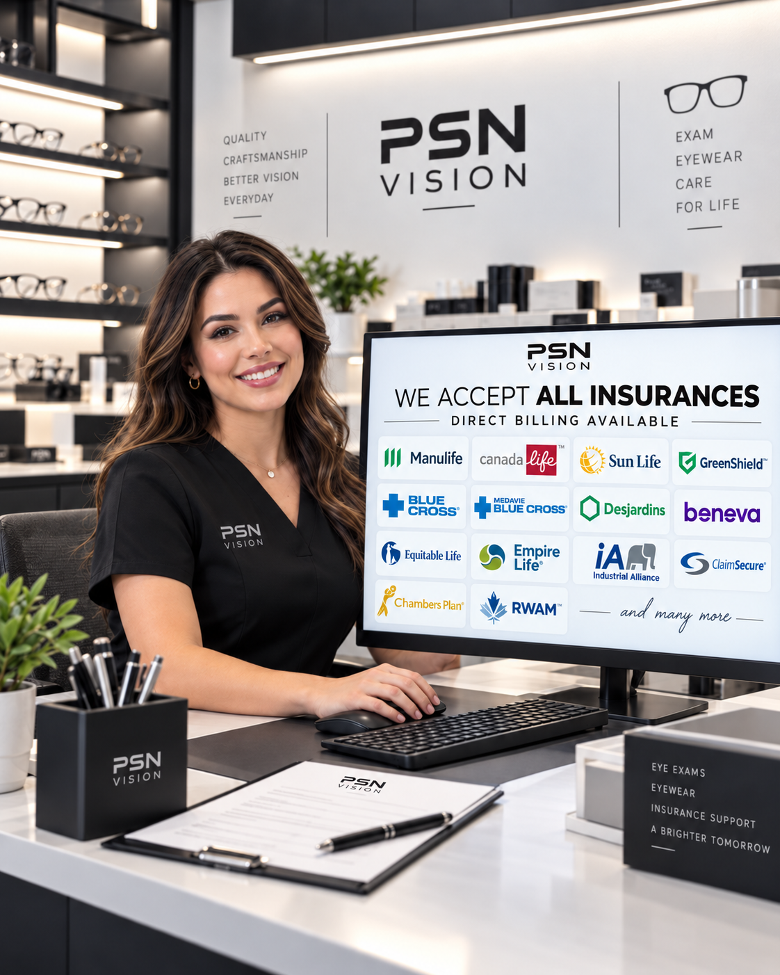 PSN Vision staff member at computer showing direct billing insurance options and accepted all insurance providers.
