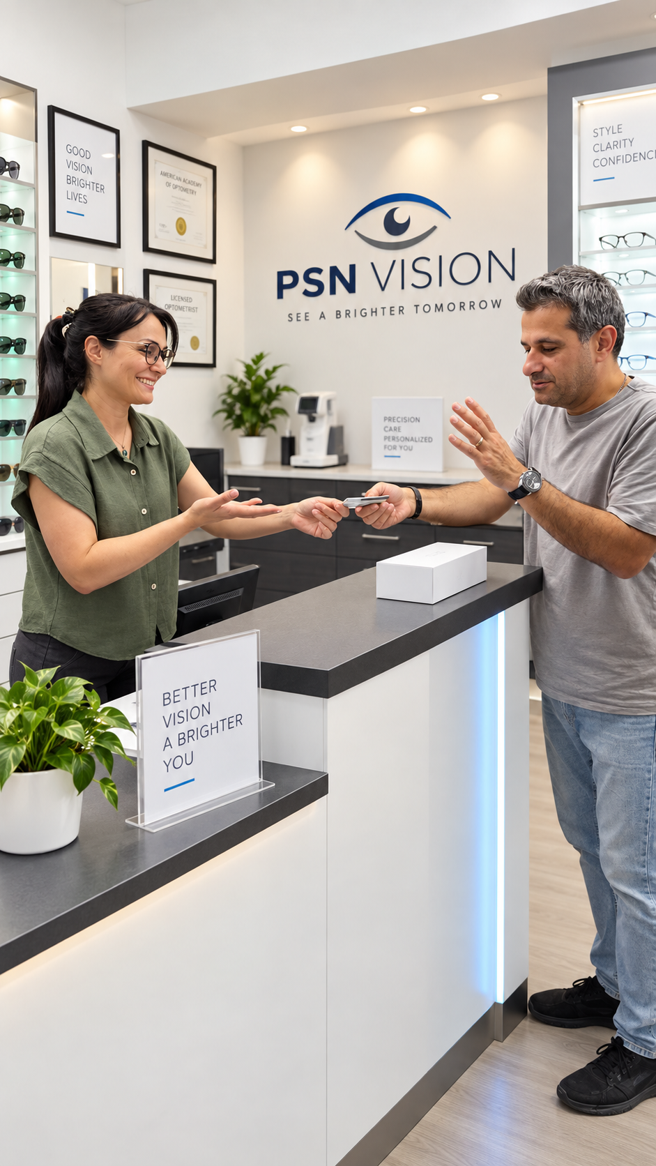 Insurance and direct billing services at PSN Vision Optical in North York for eye exams, prescription glasses, lenses, and eligible vision benefits.