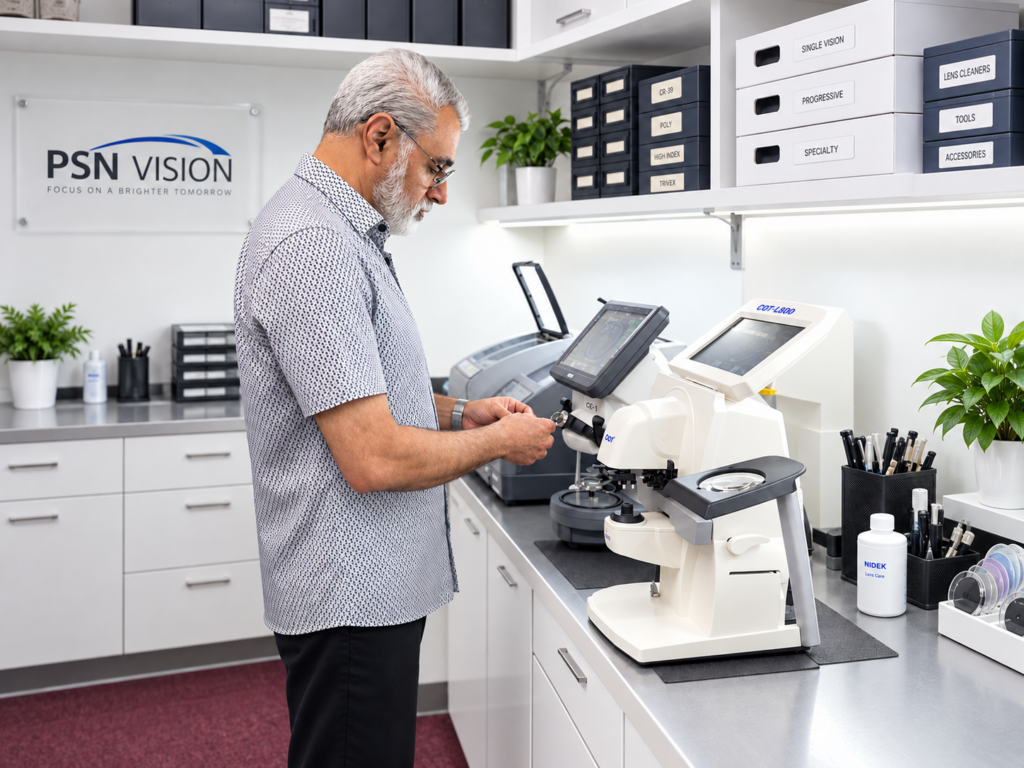 PSN Vision on-site optical lab in North York Toronto preparing prescription glasses with professional lens edging equipment.