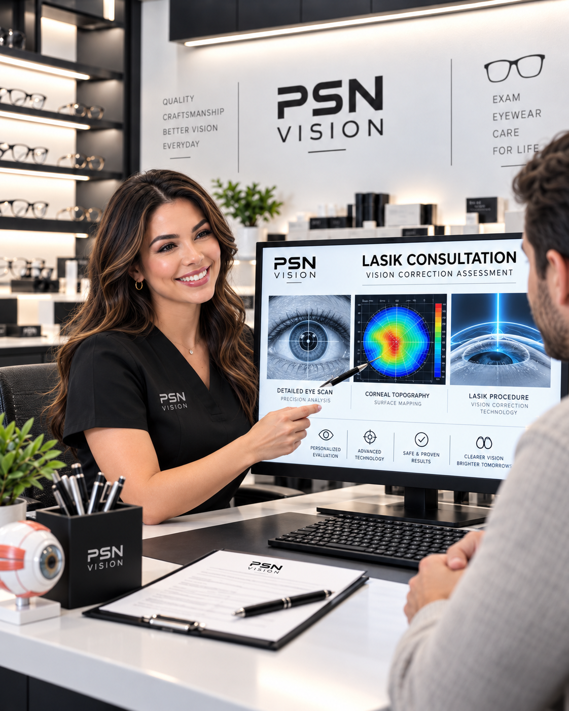 LASIK consultation at PSN Vision with Optometrists and opticians reviewing vision correction information on a computer screen.