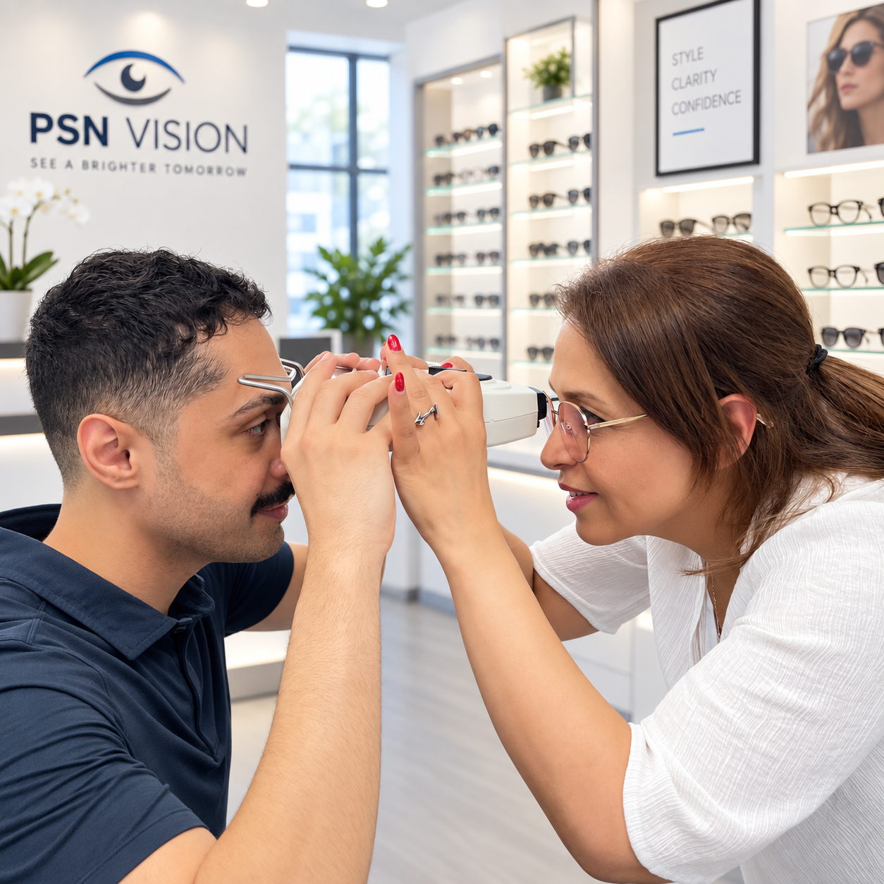 Professional eyeglass measurement at PSN Vision Optical in North York for accurate prescription lens fitting and optical alignment.