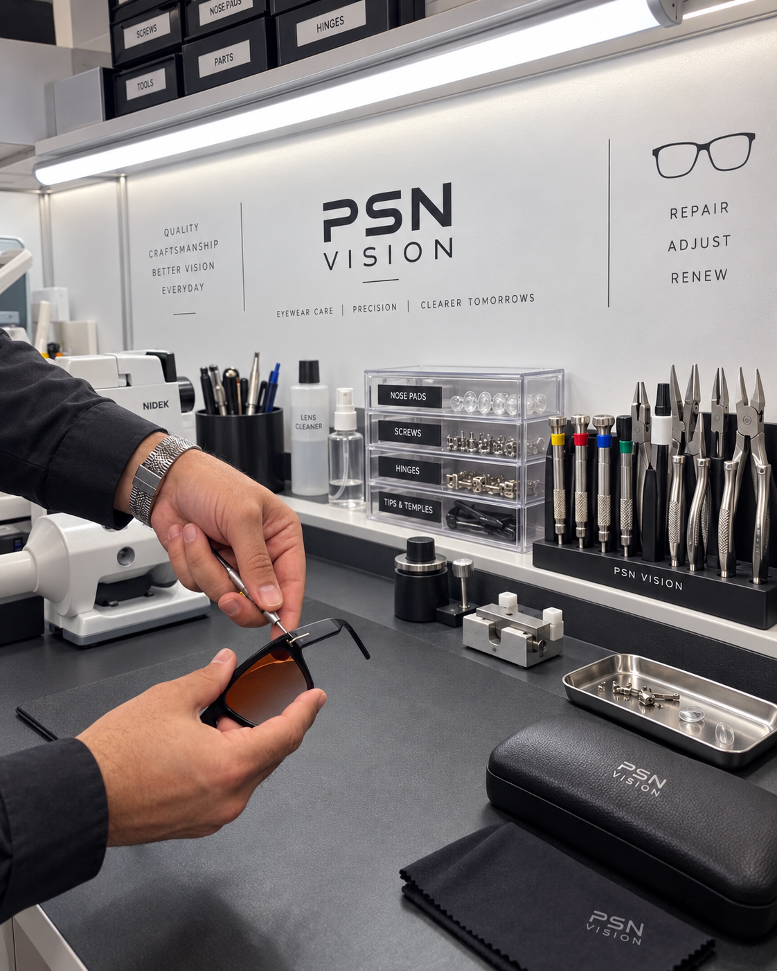 Free glasses repair and frame adjustment service at PSN Vision optical clinic.