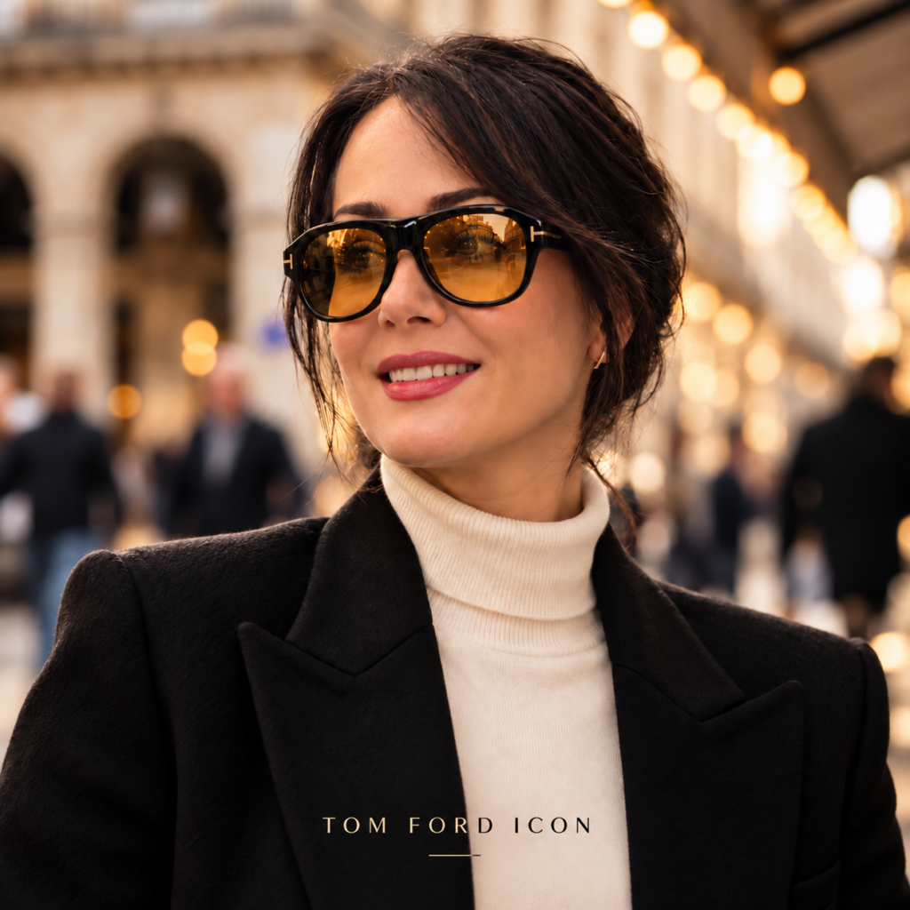 Woman wearing TOM FORD ICON oversized black sunglasses with amber-tinted lenses, showcasing luxury designer eyewear at PSN Vision North York Toronto.